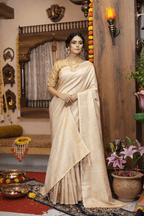 Beige Kanjivaram Silk Saree with Design & Rich Pallu - Kanyaraa