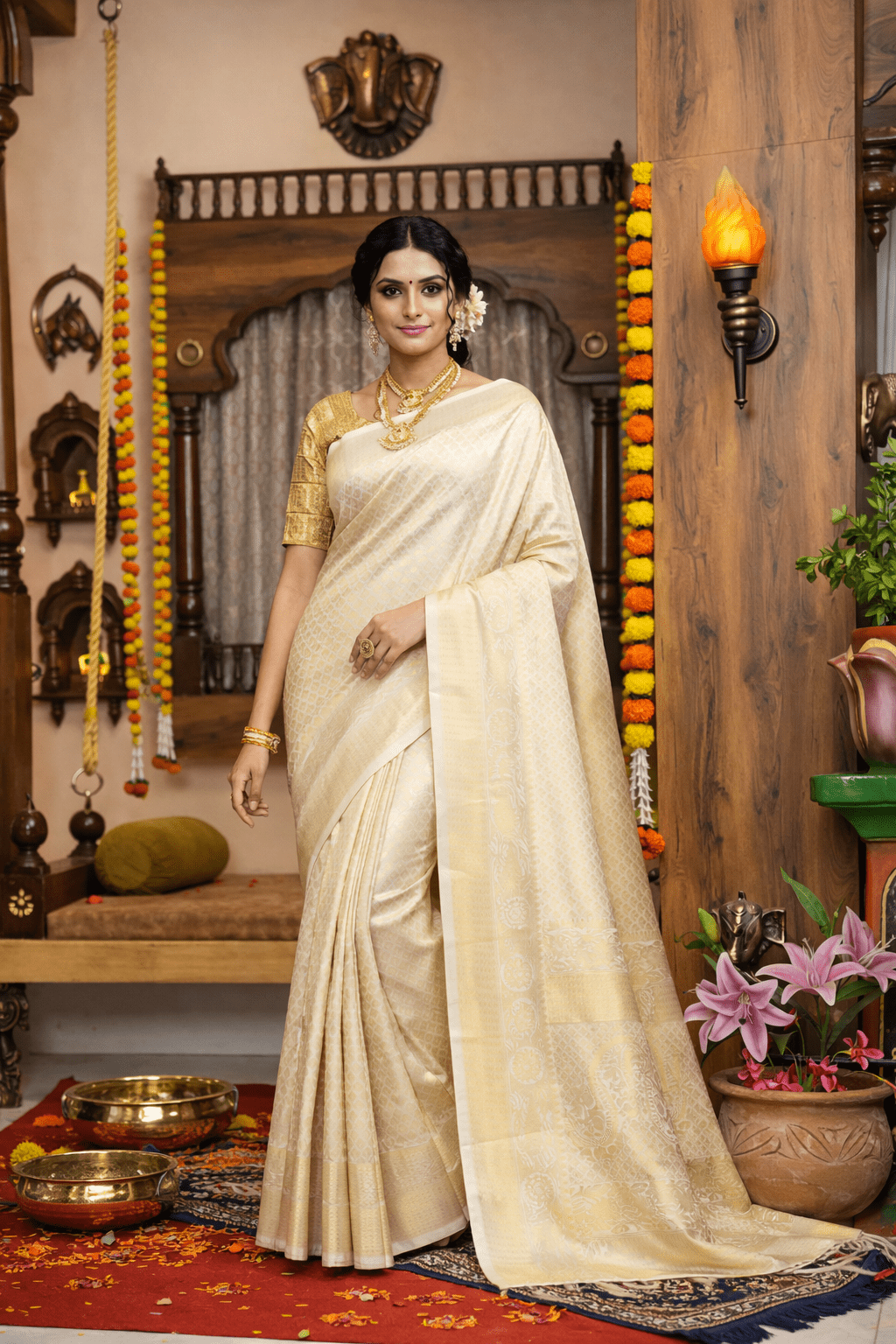 Beige Kanjivaram Silk Saree with Design & Rich Pallu - Kanyaraa