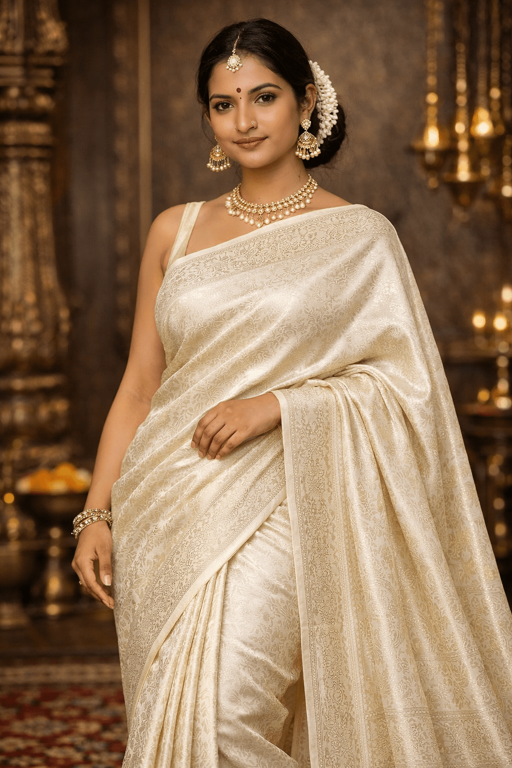 Beige Kanjivaram Silk Saree with Floral Design & Rich Pallu - Kanyaraa