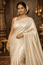 Beige Kanjivaram Silk Saree with Floral Design & Rich Pallu - Kanyaraa