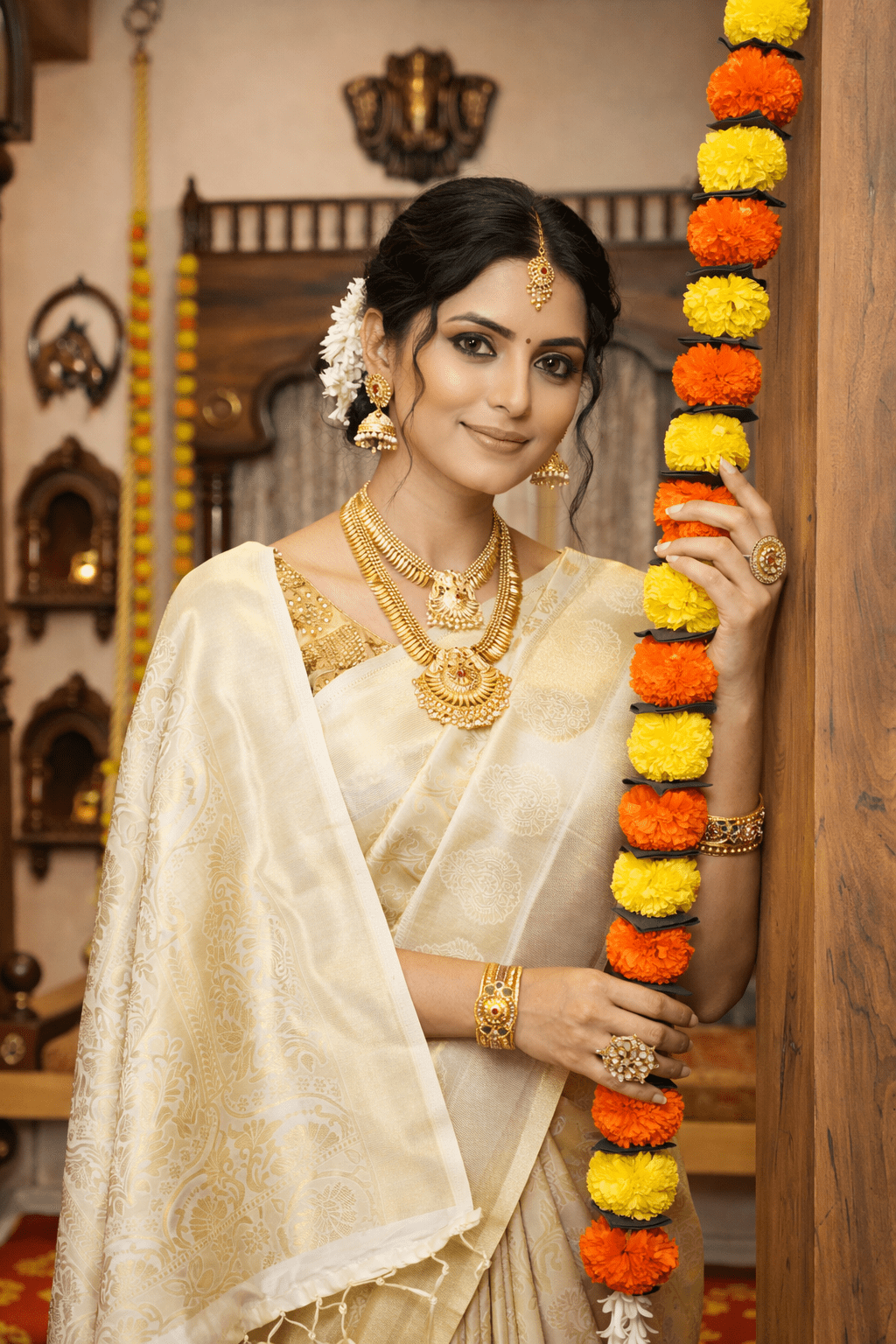 Beige Kanjivaram Silk Saree with Floral Design & Rich Pallu - Kanyaraa