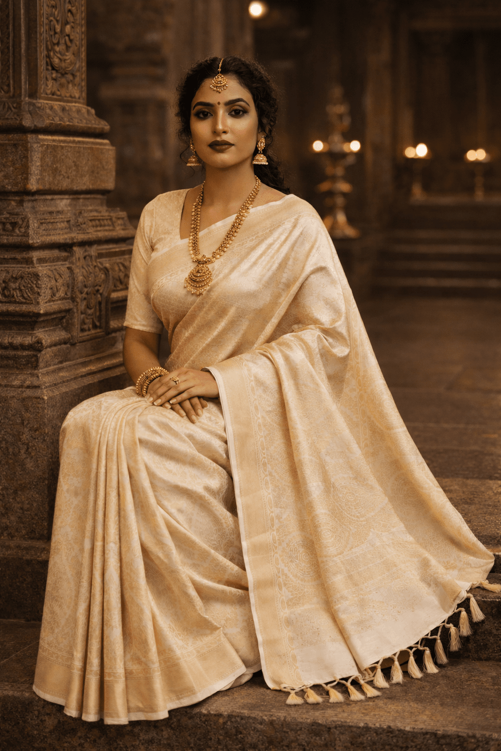 Beige Kanjivaram Silk Saree with Woven Motifs & Rich Pallu - Kanyaraa