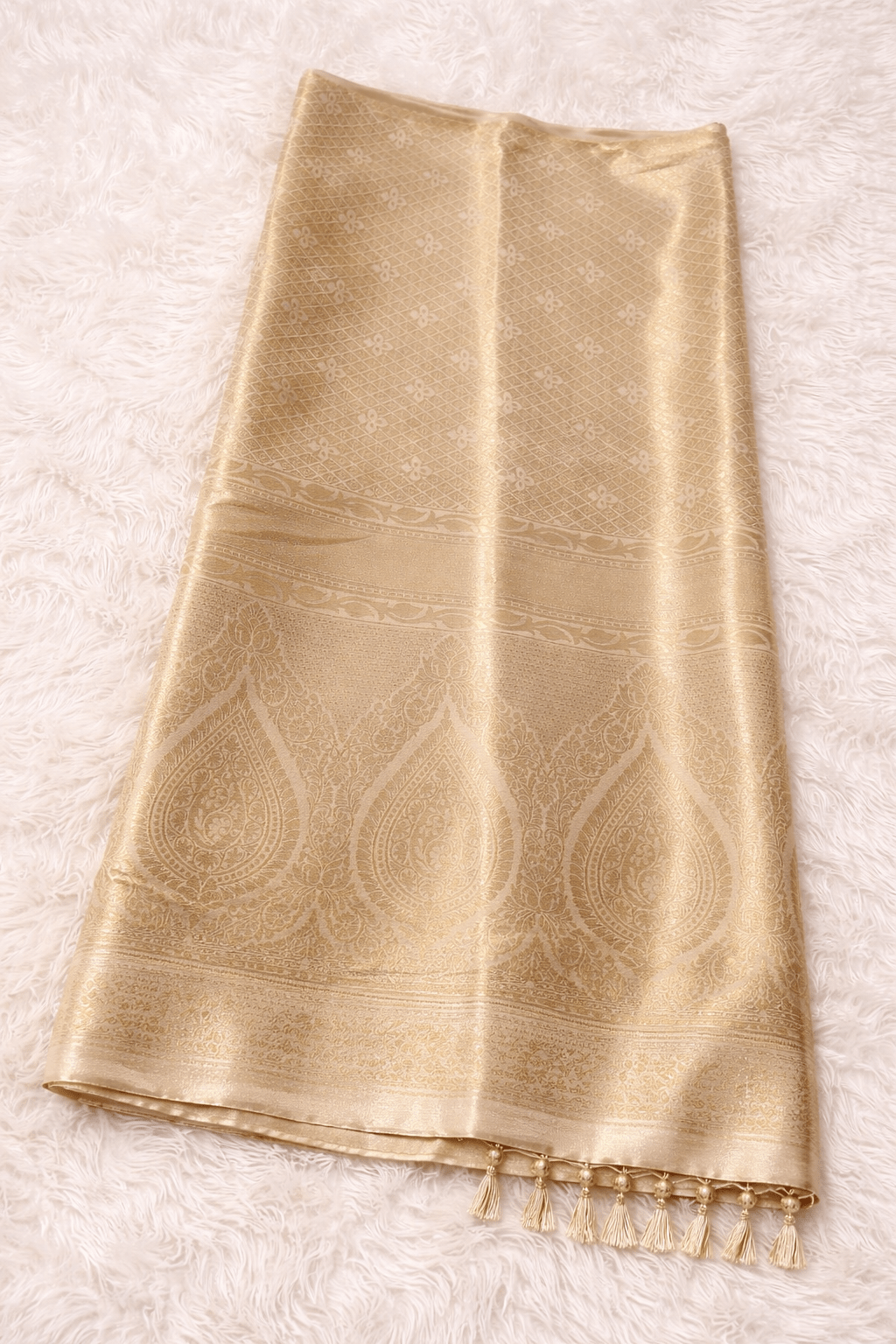 Beige Kanjivaram Silk Saree with Woven Motifs & Rich Pallu - Saree
