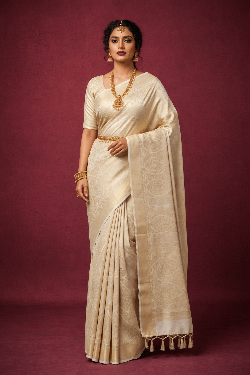 Beige Kanjivaram Silk Saree with Woven Motifs & Rich Pallu - Saree