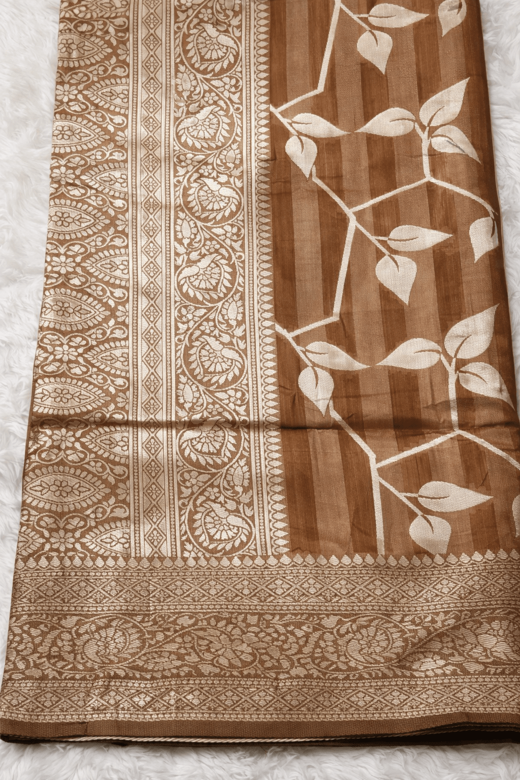 Brown Tissue Silk Saree with Silver Zari Work and Blouse Piece - Kanyaraa