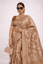 Brown Tissue Silk Saree with Silver Zari Work and Blouse Piece - Kanyaraa