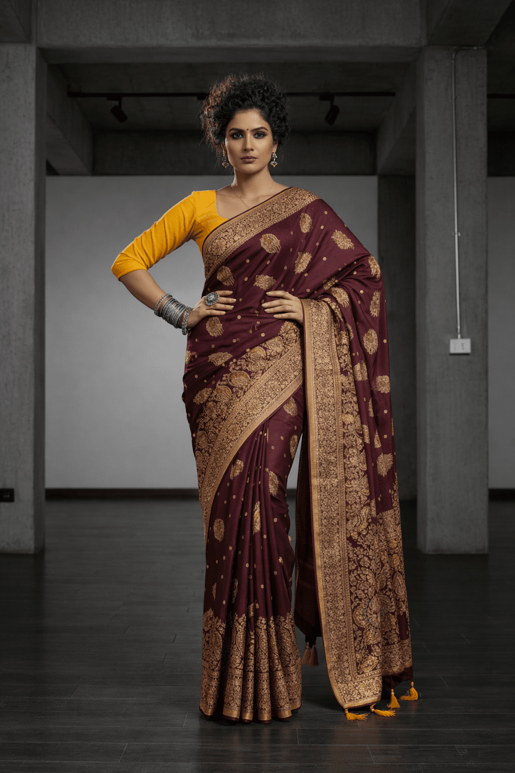 Confident Beauty in Brown Mashru Silk Saree - Kanyaraa