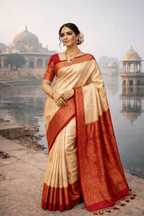 Cream & Red color Kanjivaram silk saree with zari weaving work - Kanyaraa