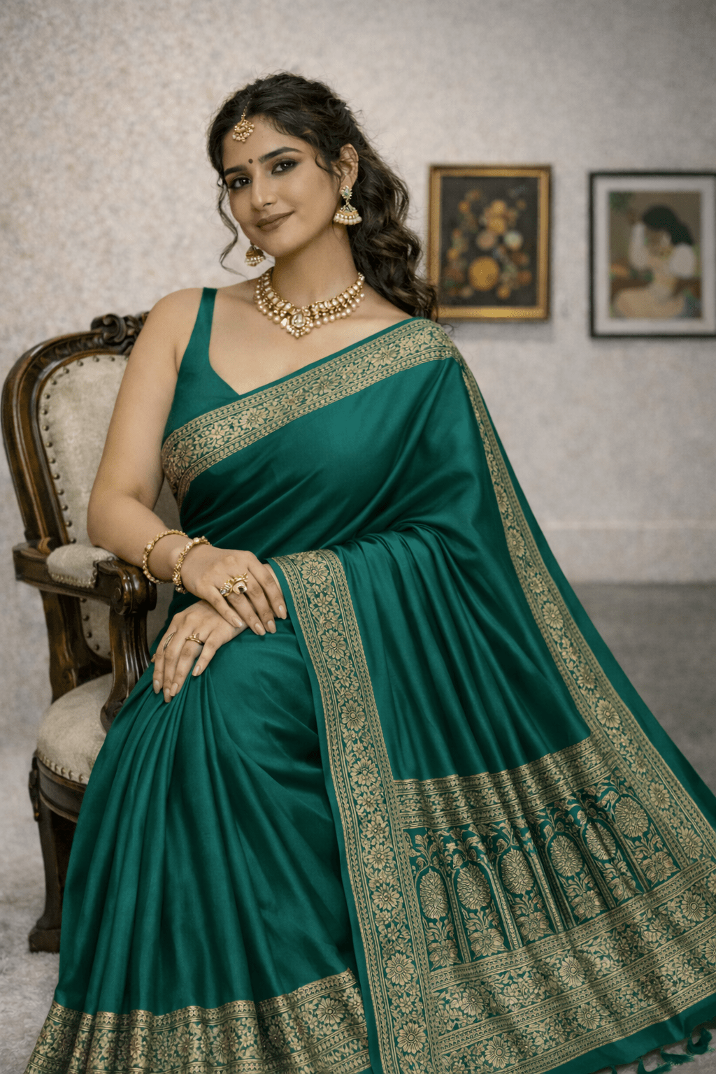 Emerald Green Authentic Varanasi Banarasi Silk Saree in Traditional Gold Zari - Kanyaraa