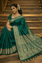 Emerald Green Banarasi Silk Saree with Golden Border and Blouse Piece - Kanyaraa