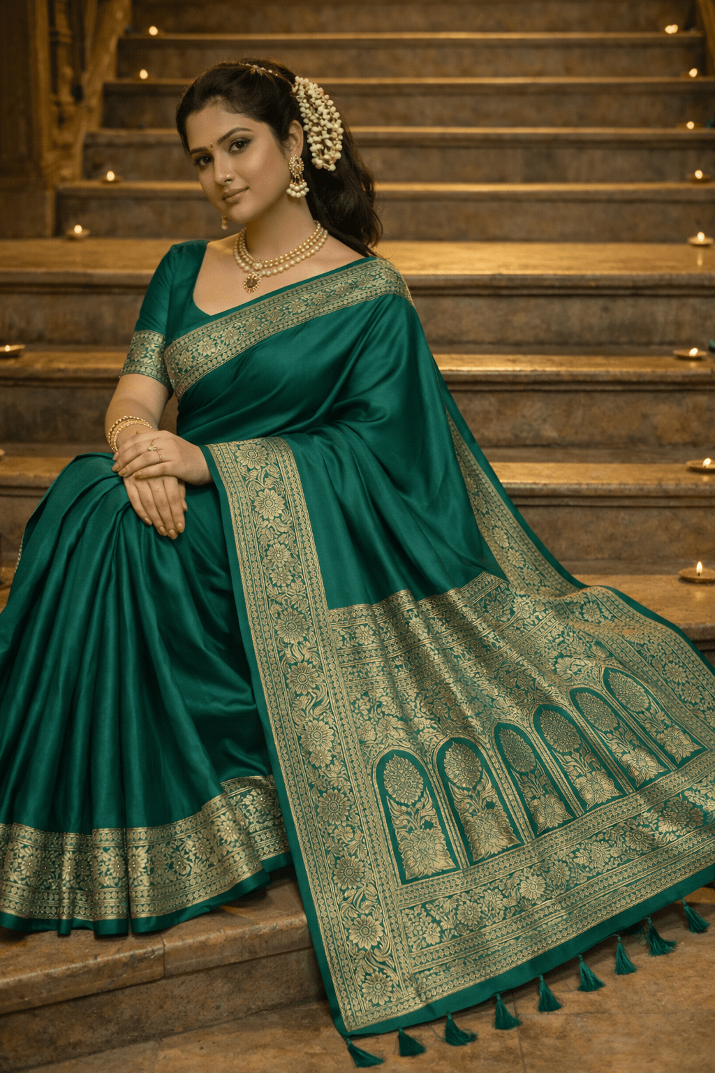 Emerald Green Banarasi Silk Saree with Golden Border and Blouse Piece - Kanyaraa