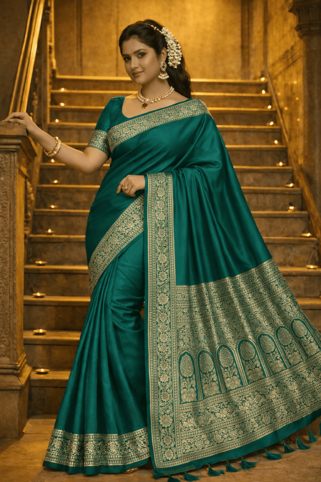Emerald Green Banarasi Silk Saree with Golden Border and Blouse Piece - Kanyaraa
