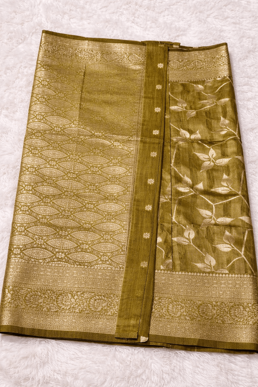 Golden Olive Tissue Silk Saree with Silver Zari Work - Saree