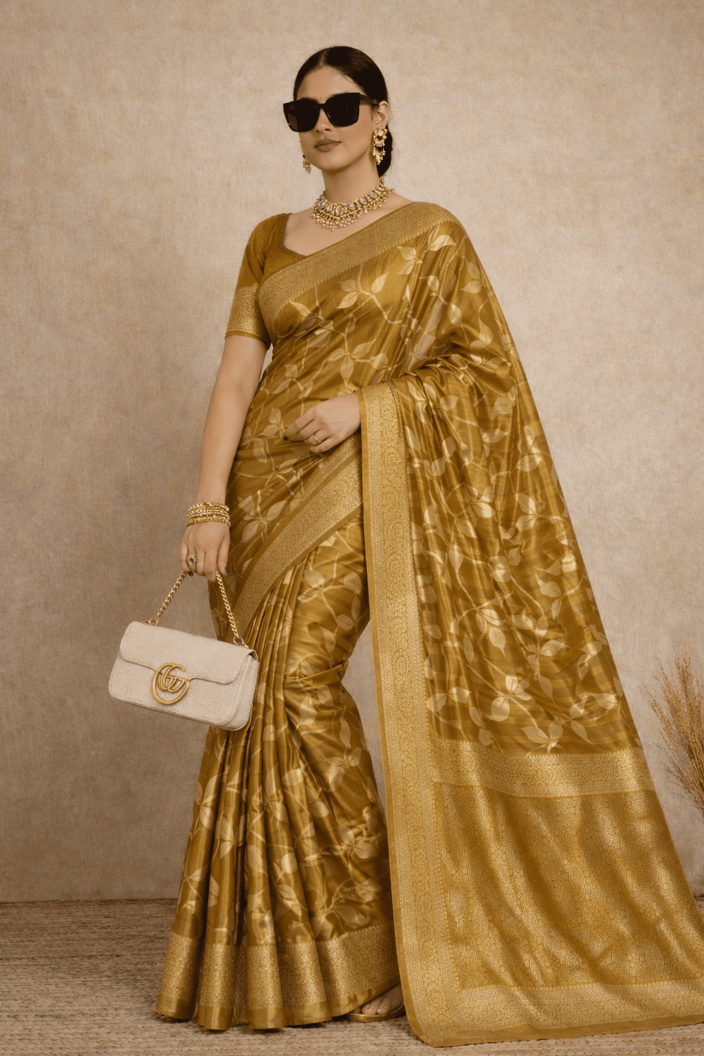 Golden Olive Tissue Silk Saree with Silver Zari Work - Kanyaraa