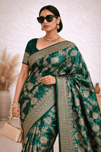Green Jaal Banarasi Silk Saree with Golden Zari Work and Blouse Piece - Kanyaraa