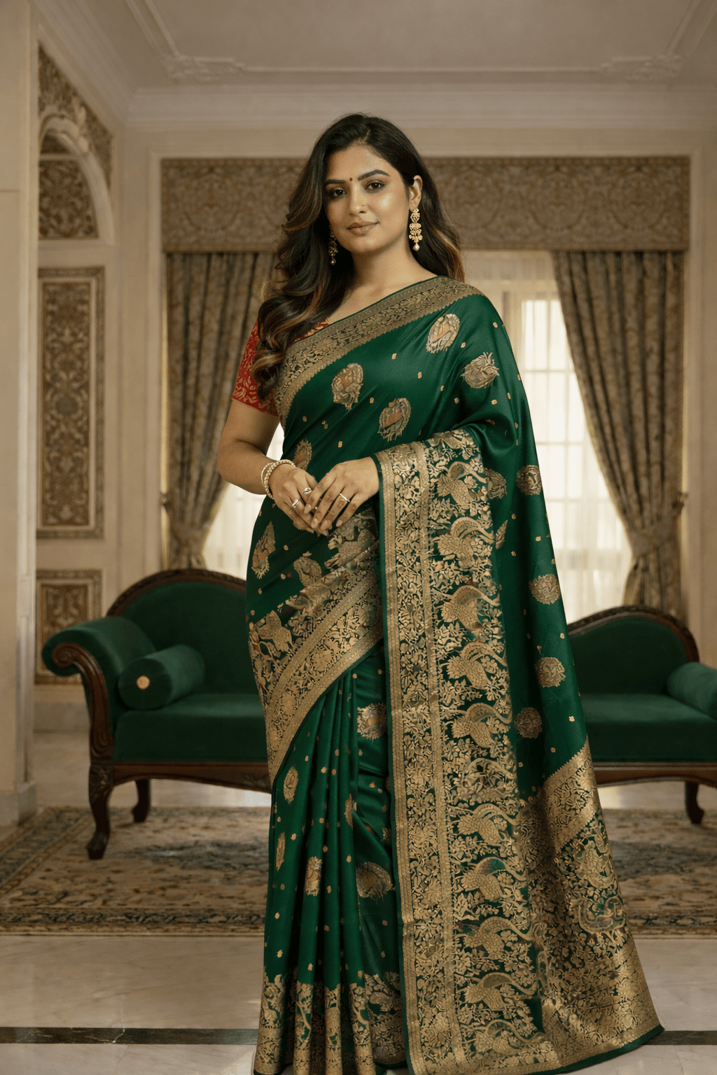 Green Mashru Silk Saree with Meenakari Peacock Zari Work & Contrast Red Blouse - Kanyaraa
