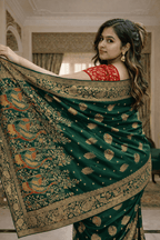 Green Mashru Silk Saree with Meenakari Peacock Zari Work & Contrast Red Blouse - Kanyaraa