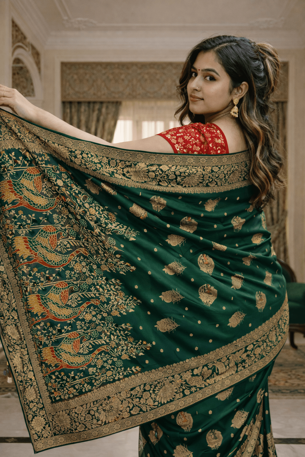 Green Mashru Silk Saree with Meenakari Peacock Zari Work & Contrast Red Blouse - Kanyaraa