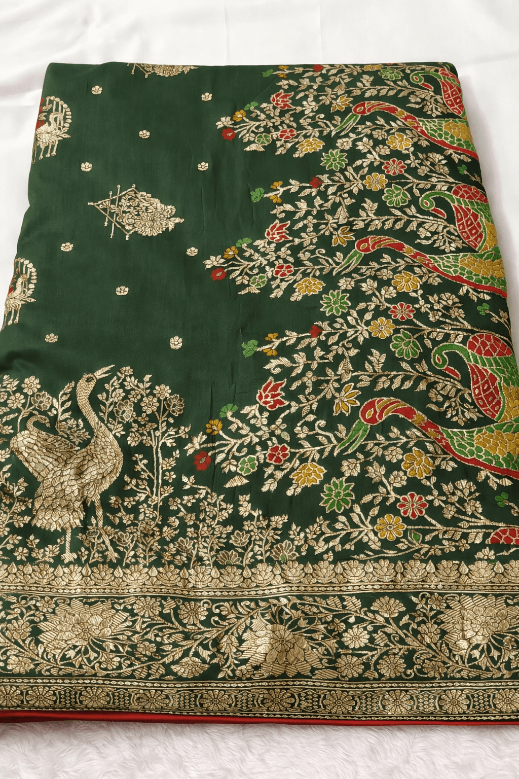 Green Silk Saree with Peacock Zari Work & Contrast Red Blouse - Saree