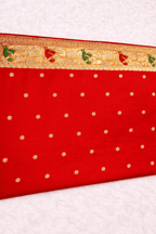 Green Silk Saree with Peacock Zari Work & Contrast Red Blouse - Saree