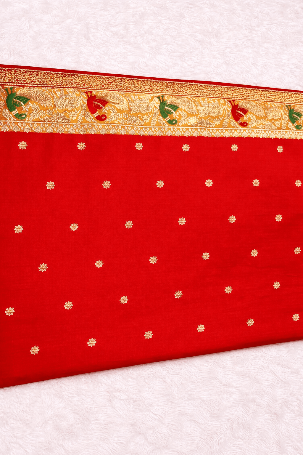 Green Silk Saree with Peacock Zari Work & Contrast Red Blouse - Saree