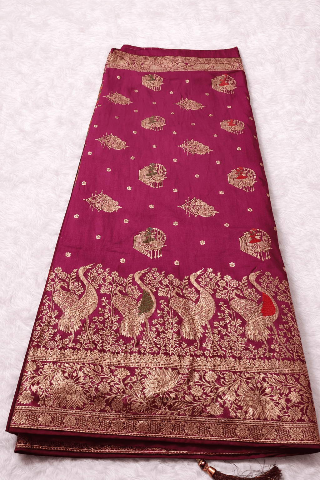 Magenta Color Silk Saree with Peacock Zari Work & Contrast Brown Blouse - Saree