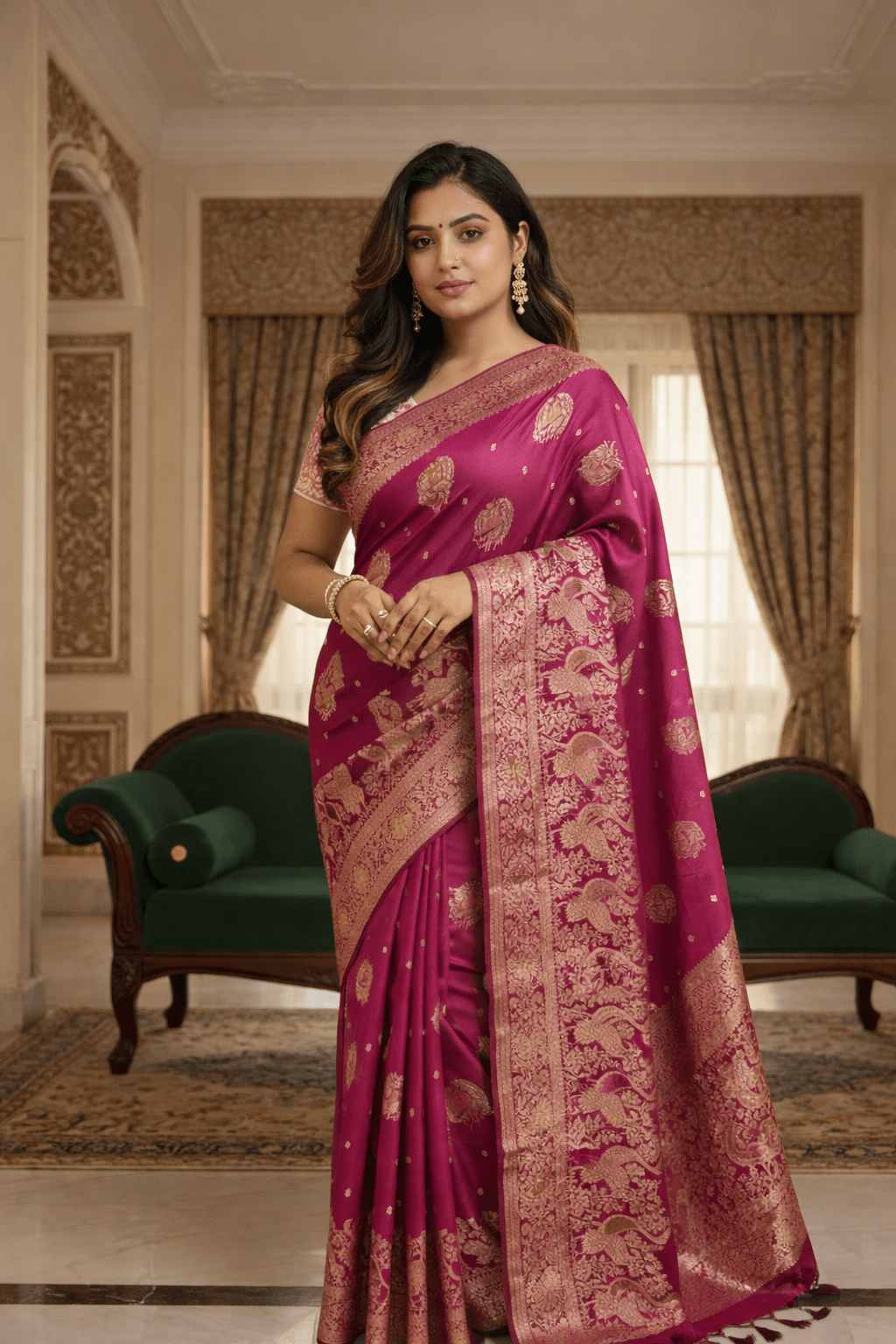 Magenta Mashru Silk Saree with Meenakari Peacock Zari Work & Contrast Brown Blouse - Kanyaraa