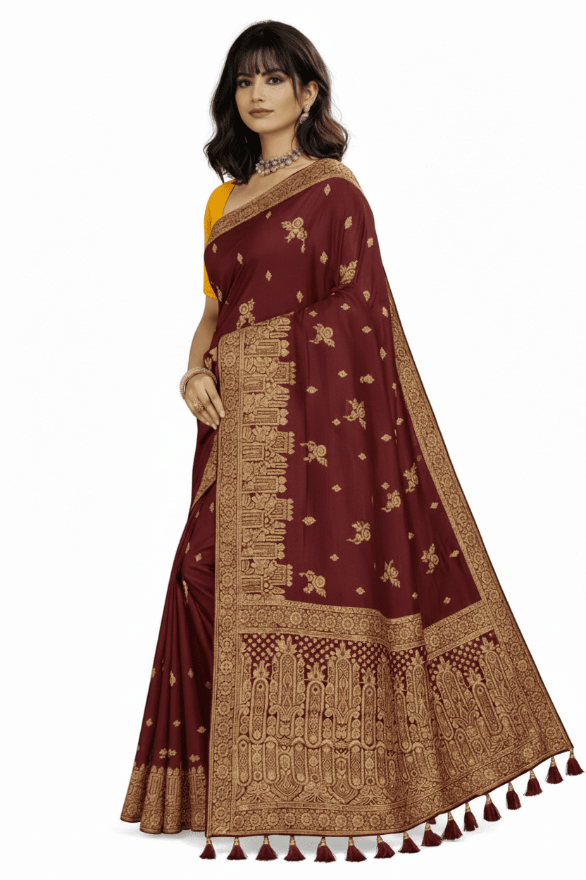 Maroon Premium Mashru Silk Saree with Golden Zari and Contrast Yellow Blouse Piece - Kanyaraa