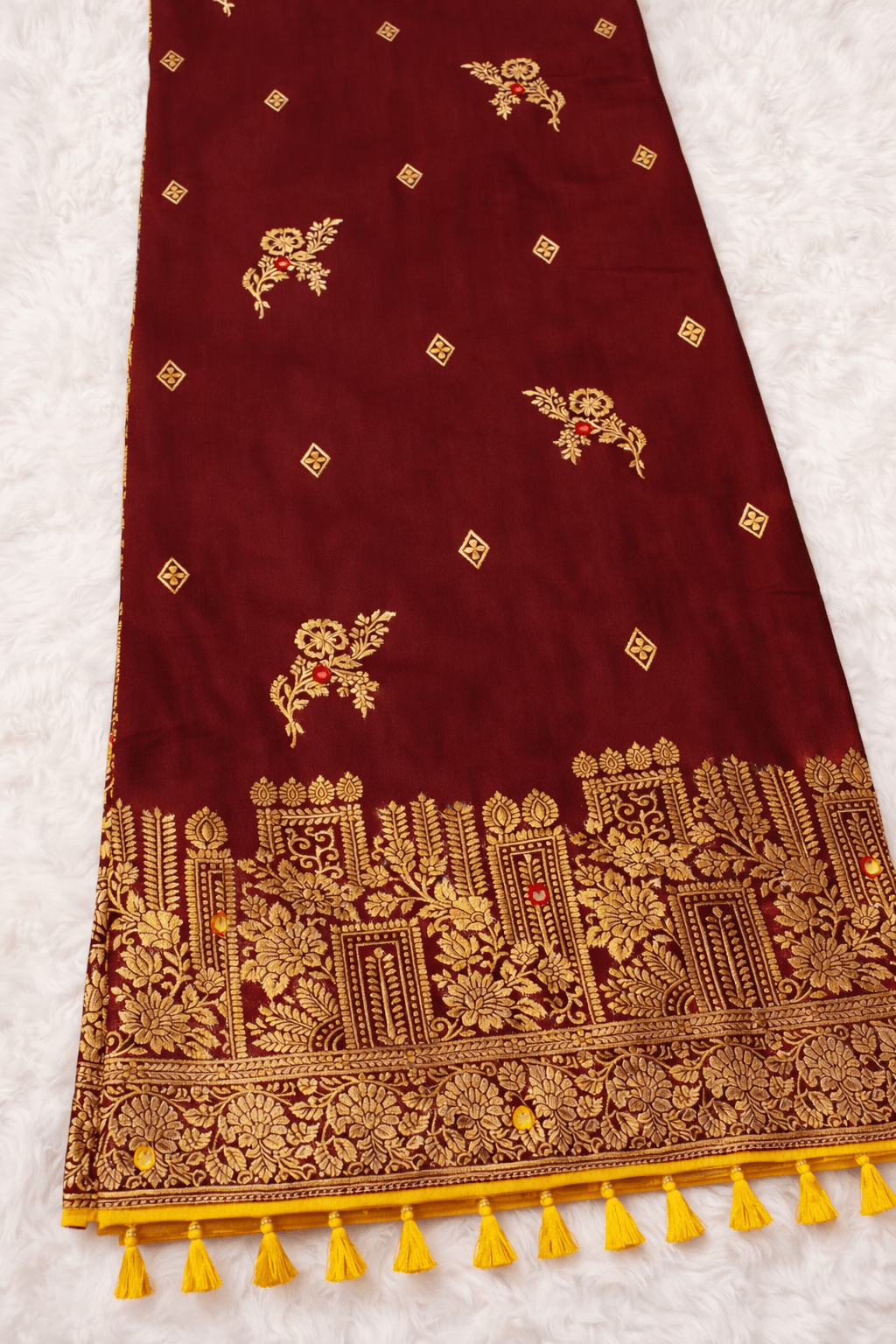 Maroon Premium Silk Saree with Golden Zari Weaving and Mirror Work with Contrast Yellow Blouse Piece