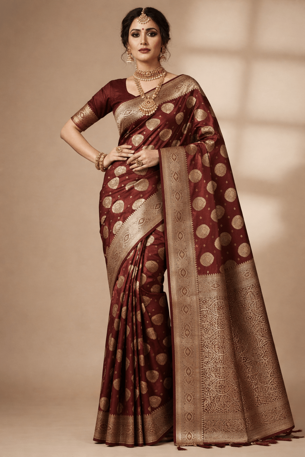 Maroon Wedding Banarasi Silk Saree with Blouse Piece - Saree