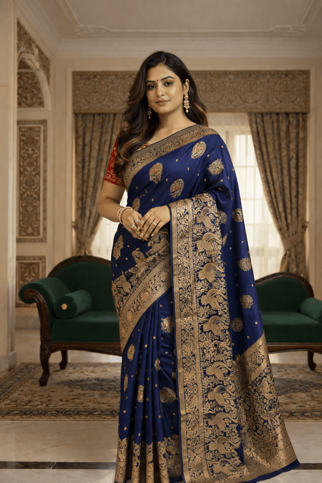 Navy Blue Mashru Silk Saree with Meenakari Peacock Zari Work & Contrast Red Blouse - Kanyaraa
