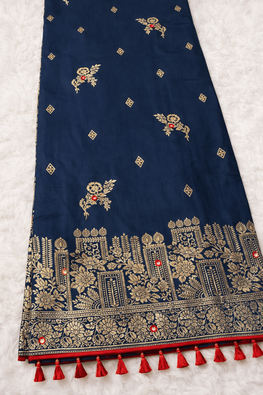 Navy Blue Silk Saree with Golden Zari Weaving and Mirror Work with Contrast Red Blouse Piece - Saree