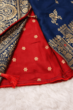 Navy Blue Silk Saree with Golden Zari Weaving and Mirror Work with Contrast Red Blouse Piece - Saree