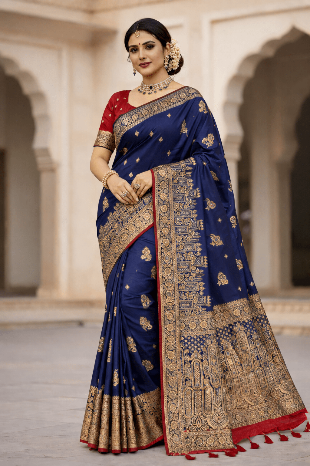 Navy Blue Silk Saree with Golden Zari Weaving and Mirror Work with Contrast Red Blouse Piece - Saree
