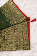Olive Green Silk Saree with Golden Zari Weaving and Mirror Work with Contrast Red Blouse Piece - Saree
