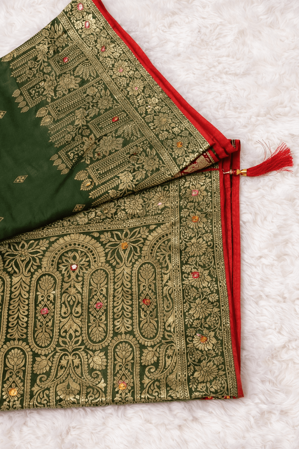 Olive Green Silk Saree with Golden Zari Weaving and Mirror Work with Contrast Red Blouse Piece - Saree