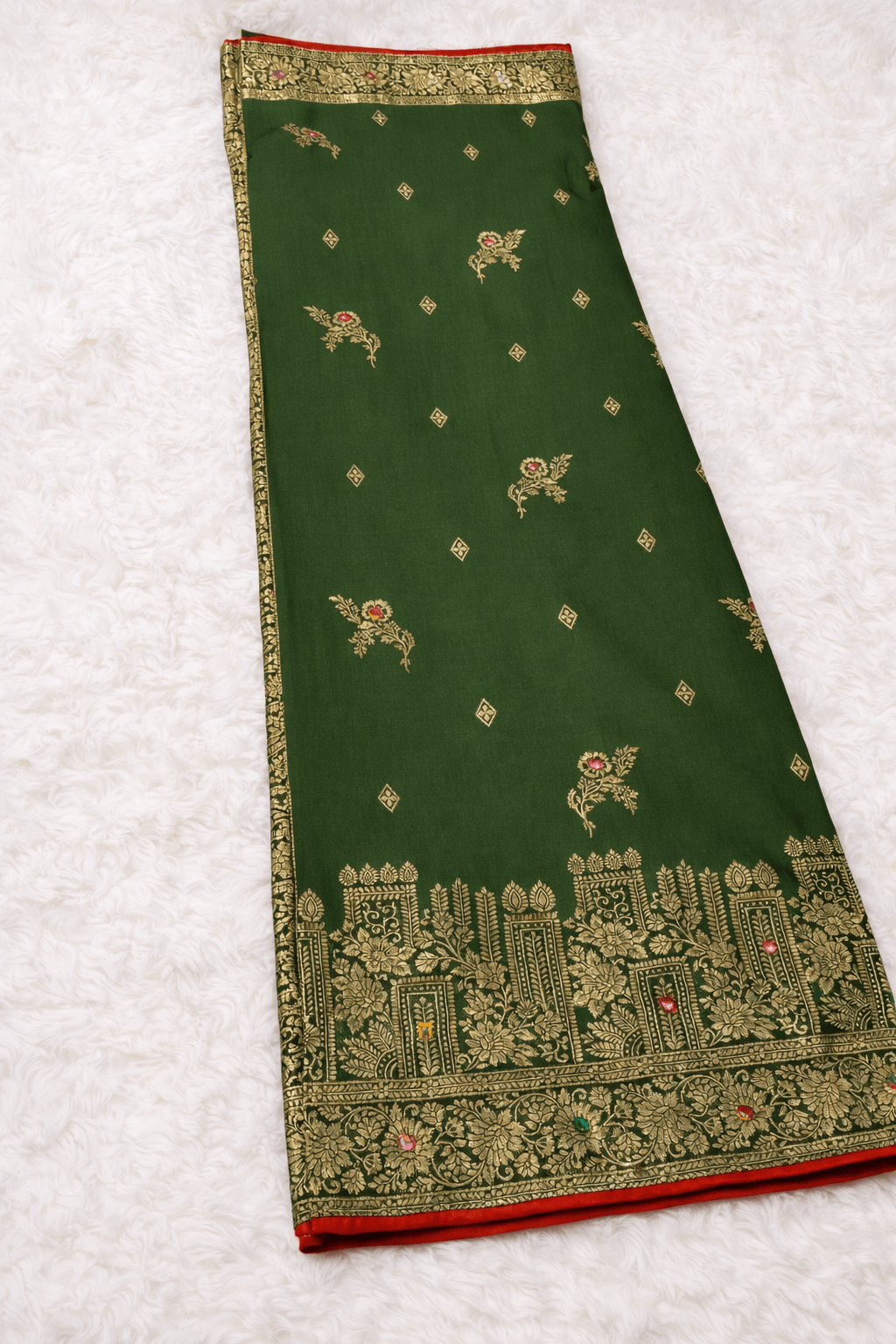 Olive Green Silk Saree with Golden Zari Weaving and Mirror Work with Contrast Red Blouse Piece - Saree