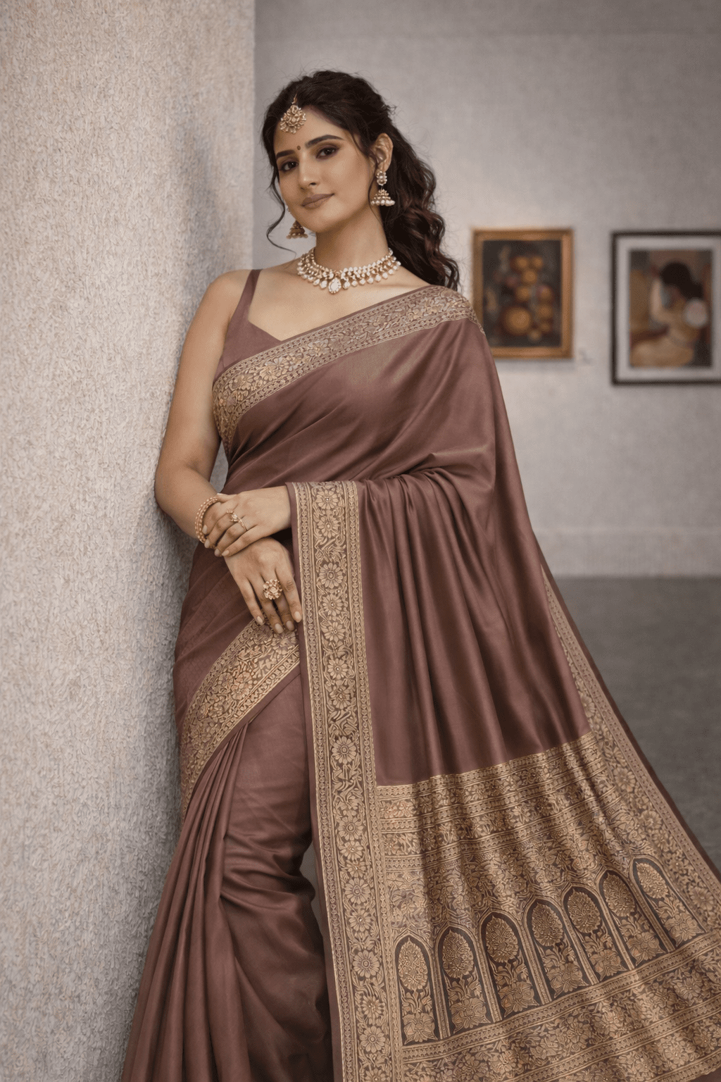 Pastel Brown Banarasi Silk Saree with Gold Border and Blouse Piece - Kanyaraa