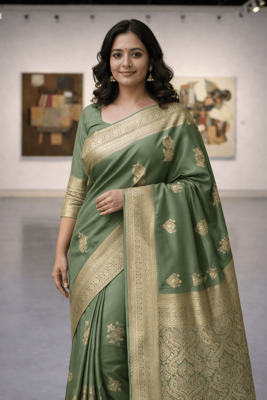 Pastel Olive Green Banarasi Silk Saree with Blouse Piece - Kanyaraa