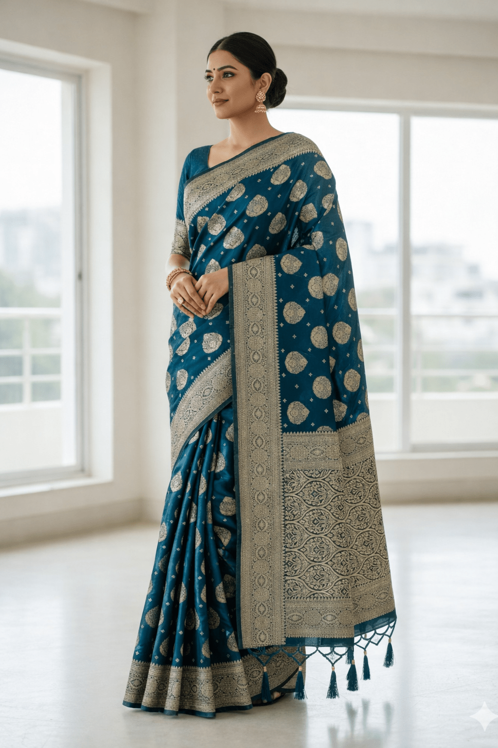 Peacock Blue Wedding Banarasi Silk Saree with Blouse Piece - Saree