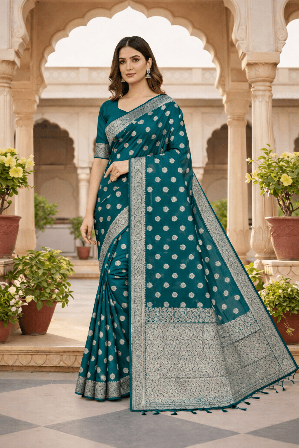 Peacock Green Banarasi Silk Saree with Golden Zari Work and Blouse Piece - Saree