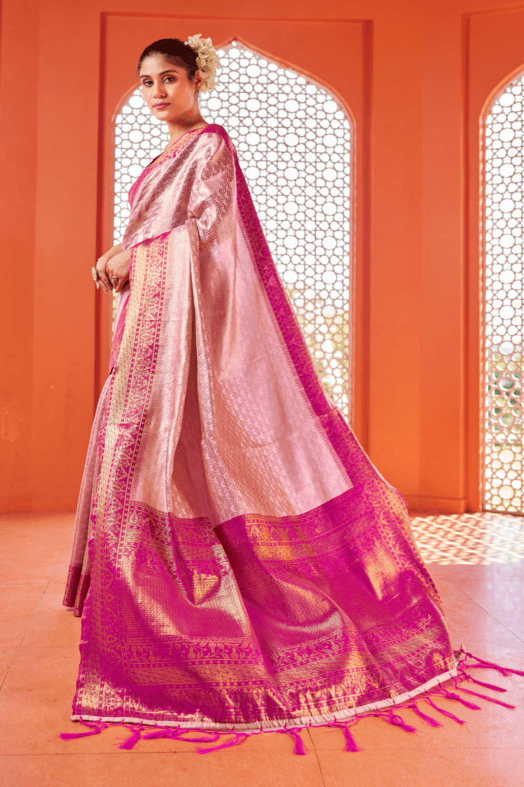 Pink Color Soft Kanjivaram Silk Saree with Zari Weaving Work - Kanyaraa