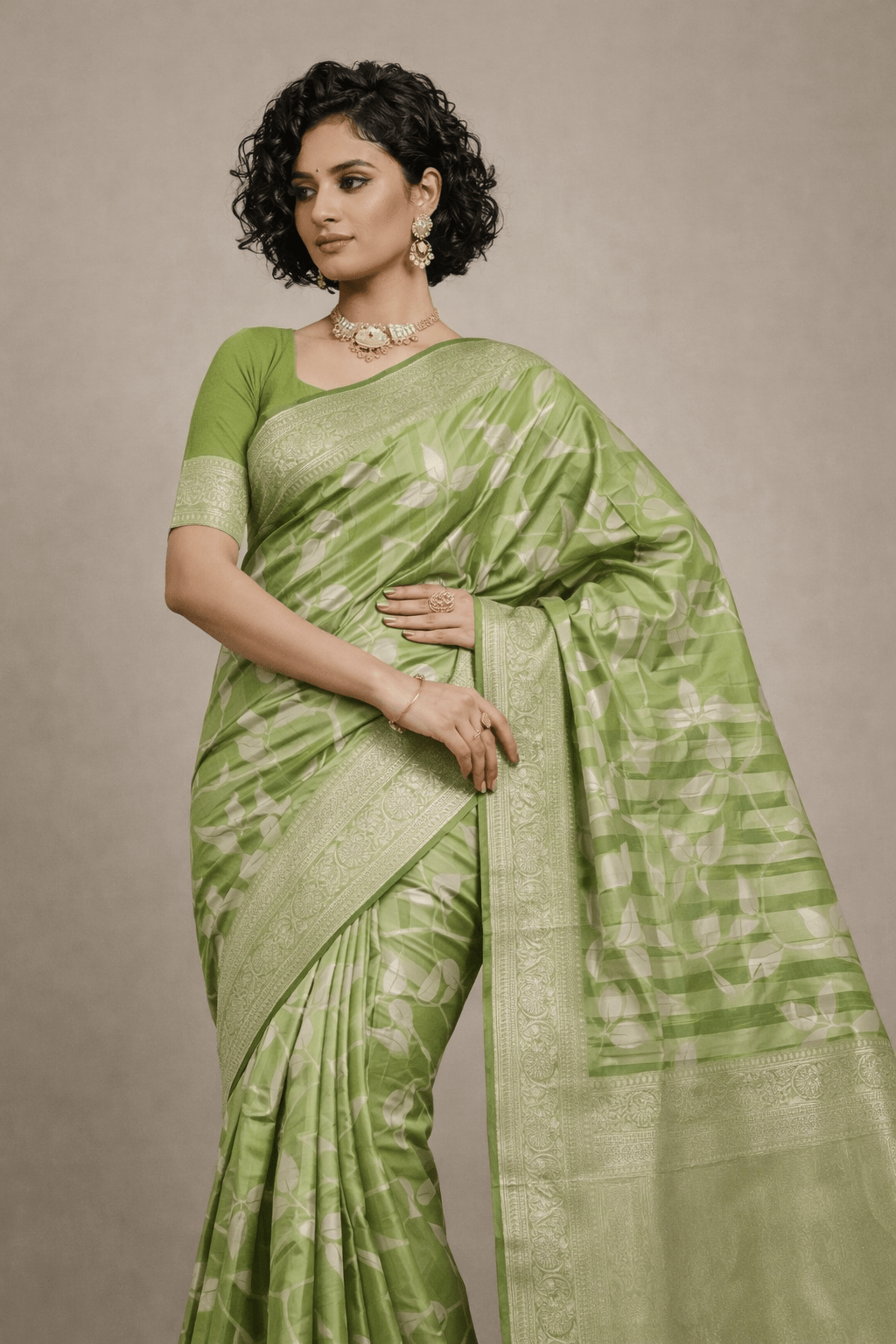 Pista Green Tissue Silk Saree with Silver Zari Work - Saree