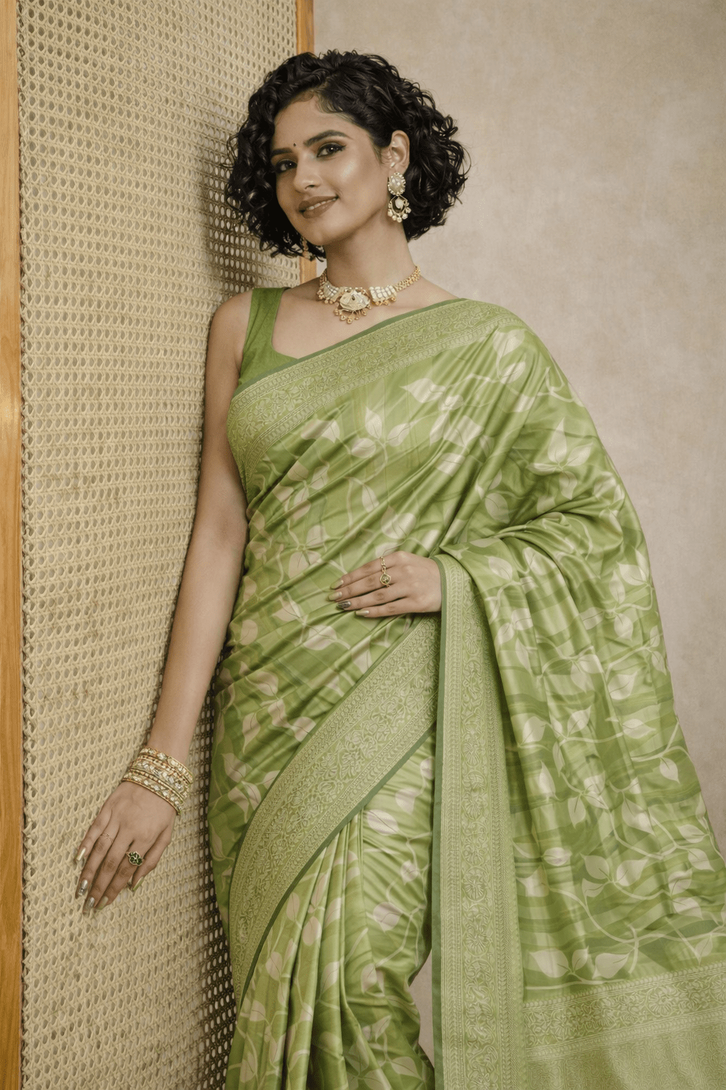 Pista Green Tissue Silk Saree with Silver Zari Work - Kanyaraa