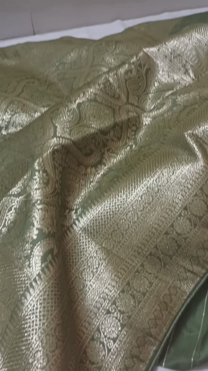 Olive Varanasi Banarasi Silk Sareewith Blouse Piece