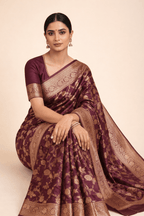 Purple Banarasi Silk Saree with Golden Zari Work and Blouse Piece - Kanyaraa