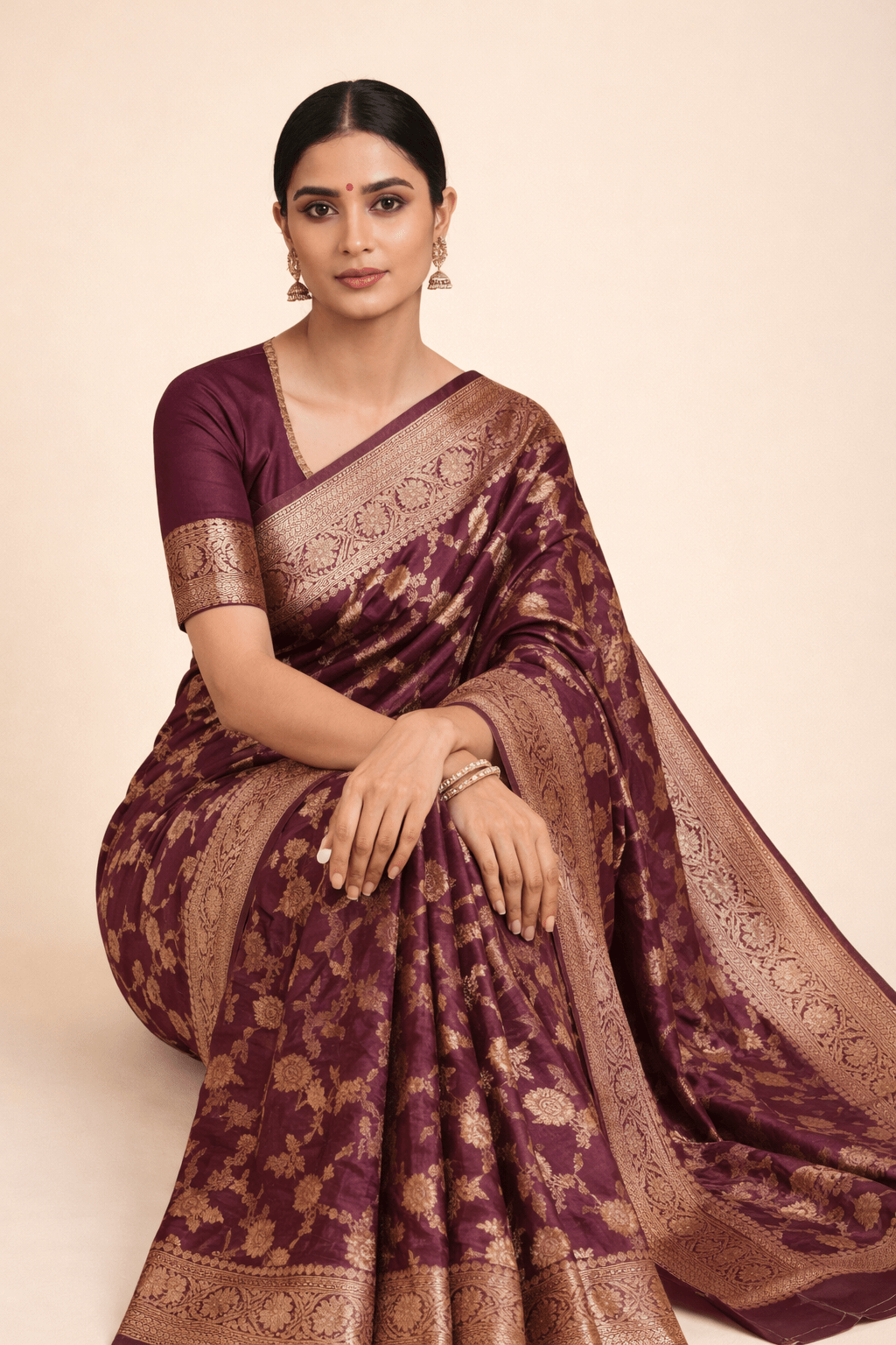 Purple Banarasi Silk Saree with Golden Zari Work and Blouse Piece - Kanyaraa