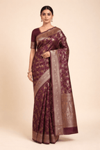 Purple Banarasi Silk Saree with Golden Zari Work and Blouse Piece - Kanyaraa