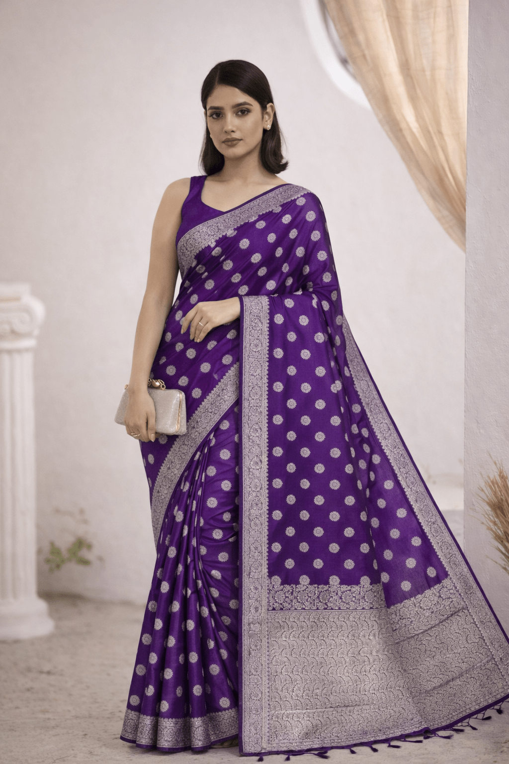 Purple Banarasi Silk Saree with Golden Zari Work and Blouse Piece - Kanyaraa