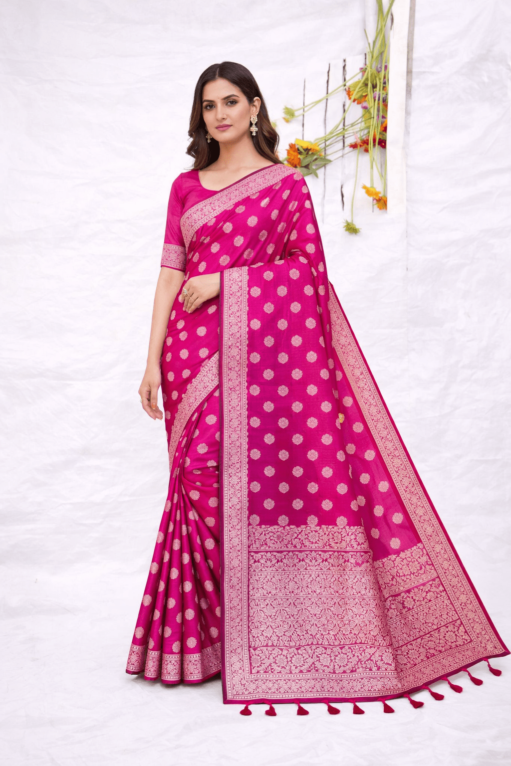 Rani pink Banarasi Silk Saree with Golden Zari Work and Blouse Piece - Saree
